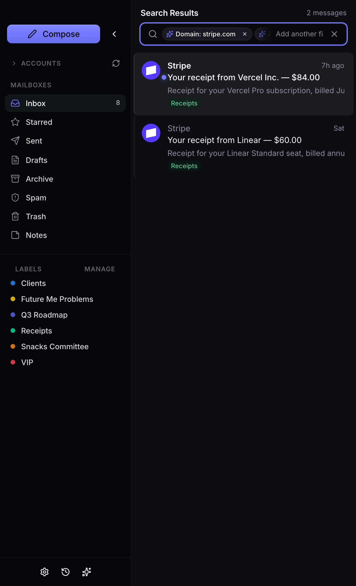 Conduit search with the question turned into a visible filter chip reading Domain: stripe.com, and two matching receipts below