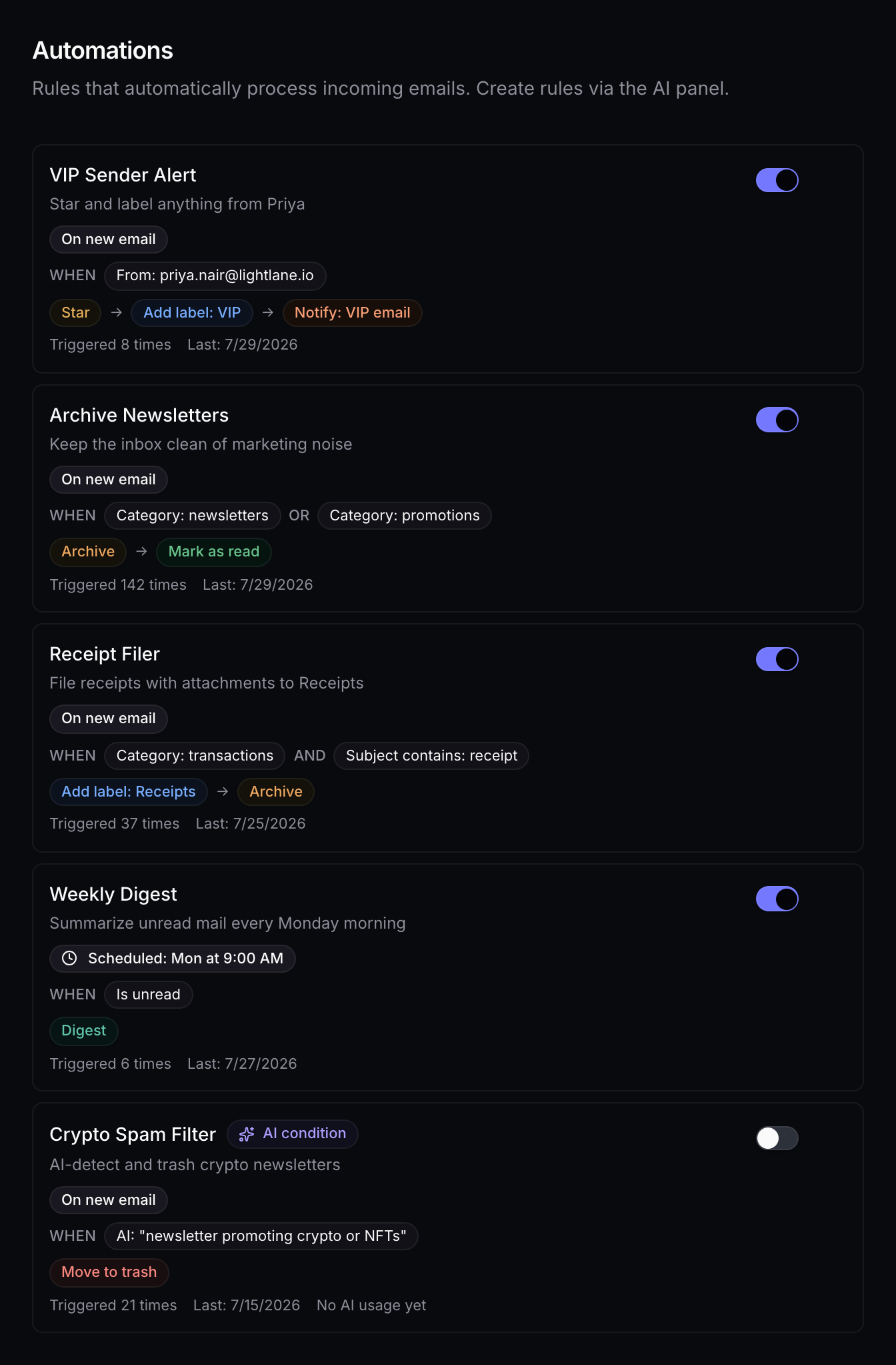 The Automations list: plain-English rules with their triggers, conditions, actions, and run counts