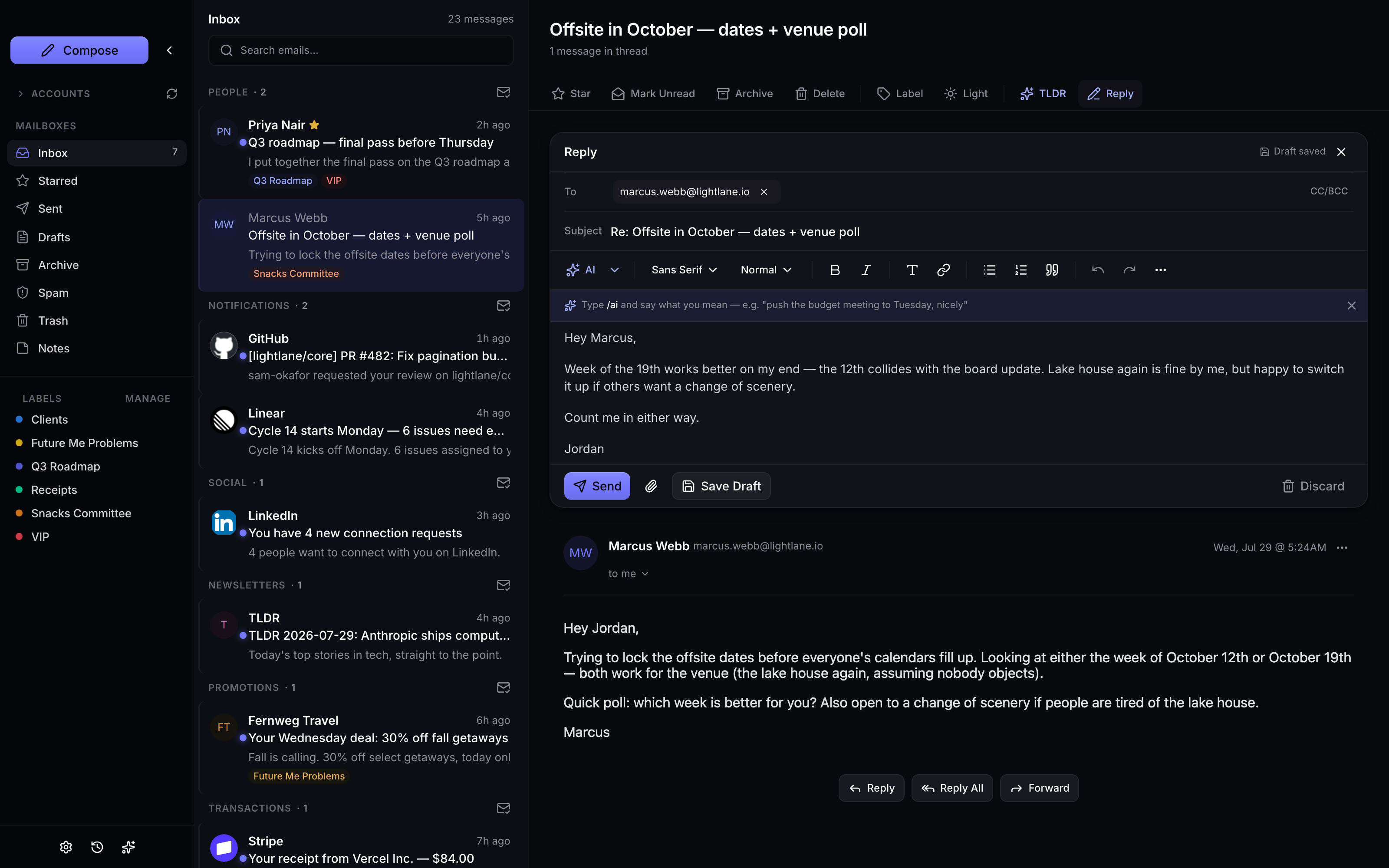 The Conduit composer with an AI-generated draft in place and rewrite, grammar and tone controls